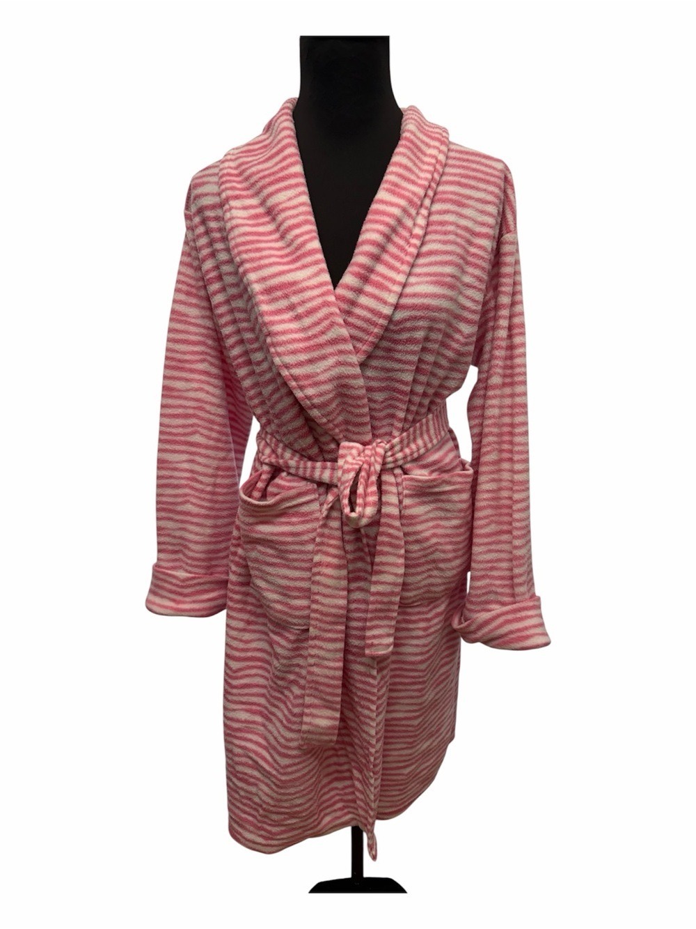 Inteco Intimates One Size Pink White Striped Plush Belted Robe